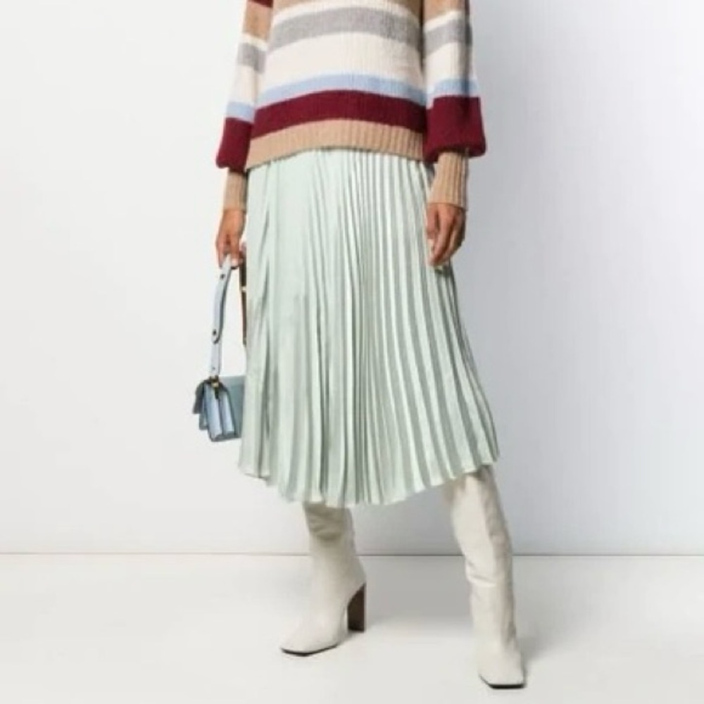 RARE NWT VINCE Mixed Media Pleated Satin Midi Skirt In Green